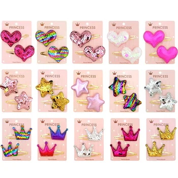 

MIXIU 2pcs/set New Sequin Design Girls Hair Clips Kids Glitter Hairpins Star Heart Crown Gold Plated Hair Accessories