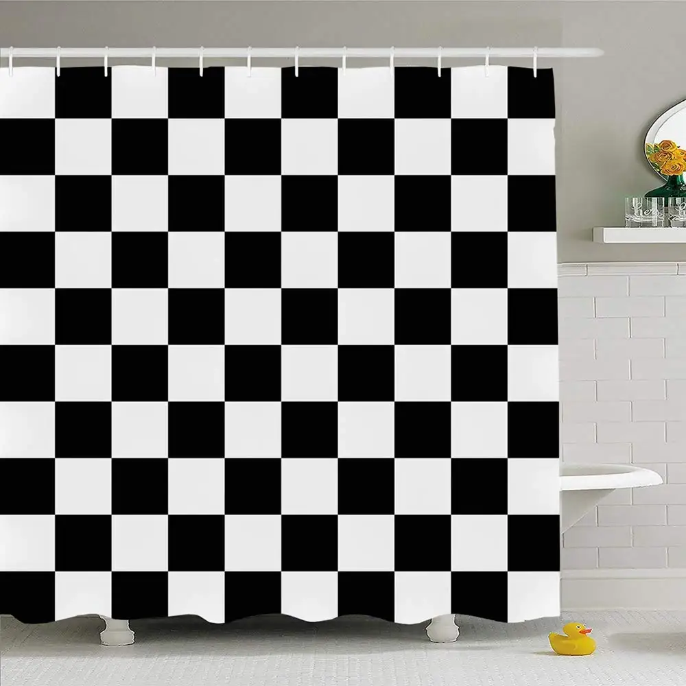

Shower Curtain Set with Hooks 72x72 3D Grid Abstract Black White Mosaic Square Pattern Shape Textures Board Business Seamless