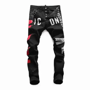 

European Nightclub style famous brand jeans luxury Men denim trousers Patchwork Slim black letter jeans Pencil Pants for jeans m