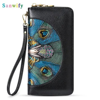 

Women Wallets Genuine Leather Ladies Wallet Purse Peacock Feather Deer Print Card Holder Wallet Female Evening Bag Cluth Bag