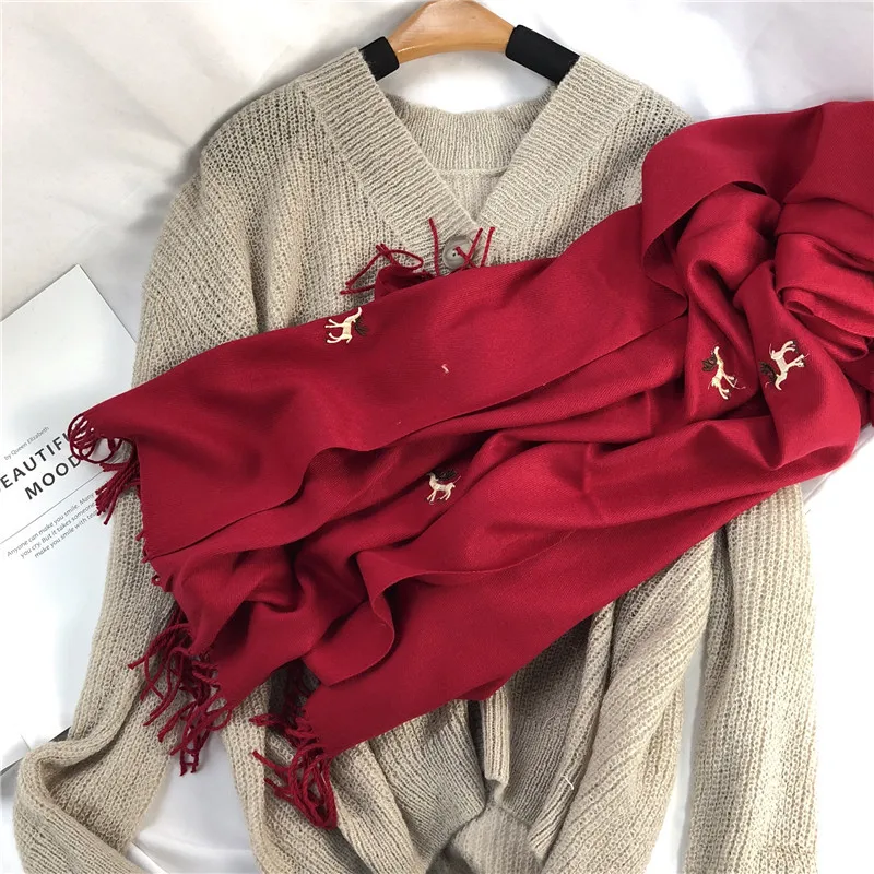 Вышитый палевый кашемировый шарф для мужчин и женщин Рождественский шарф теплый толстый длинный шаль пашмины 7 цветов