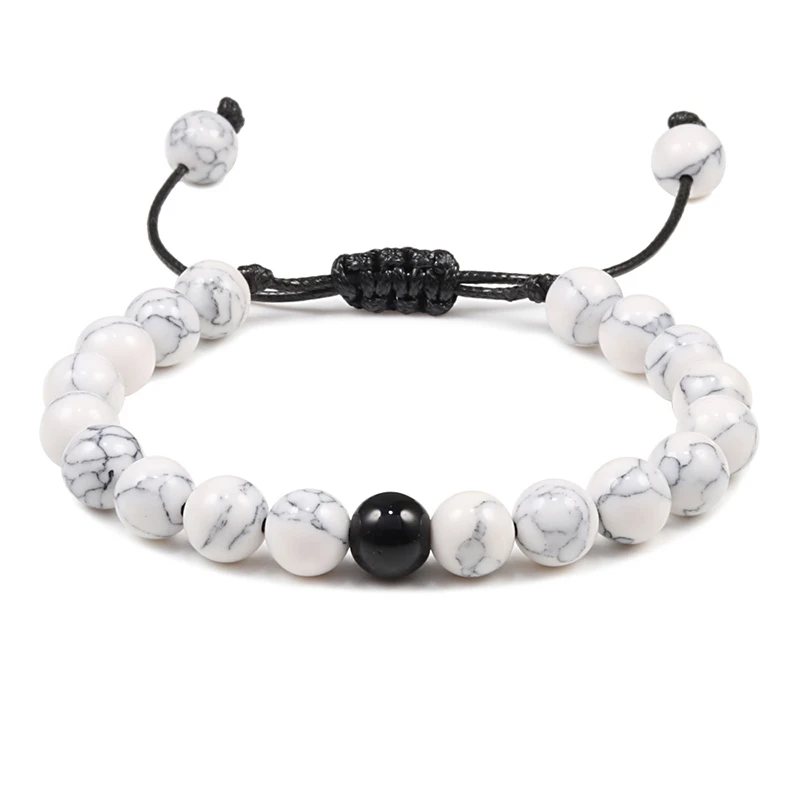 Классический мужской браслет с бусинами белый и черный браслет с камнем тигровый глаз Регулируемая оплетка браслет из натурального камня для женщин подарок - Окраска металла: Bright Black