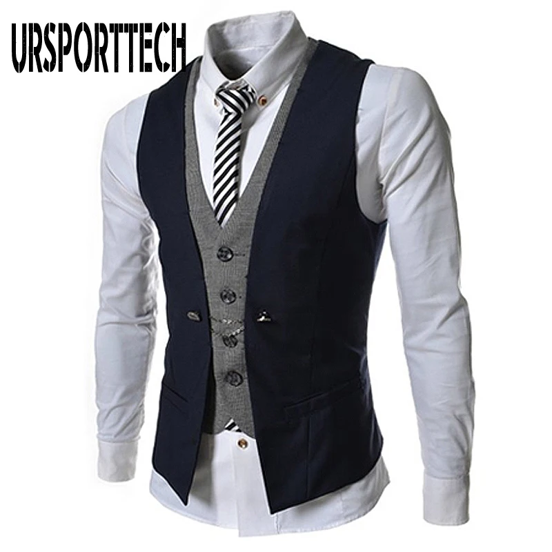 Fake Two-piece Blazer Vest Men Single-Breasted New Casual V-neck Vest Personality Slim Fit Jacket Business Blazer Coat