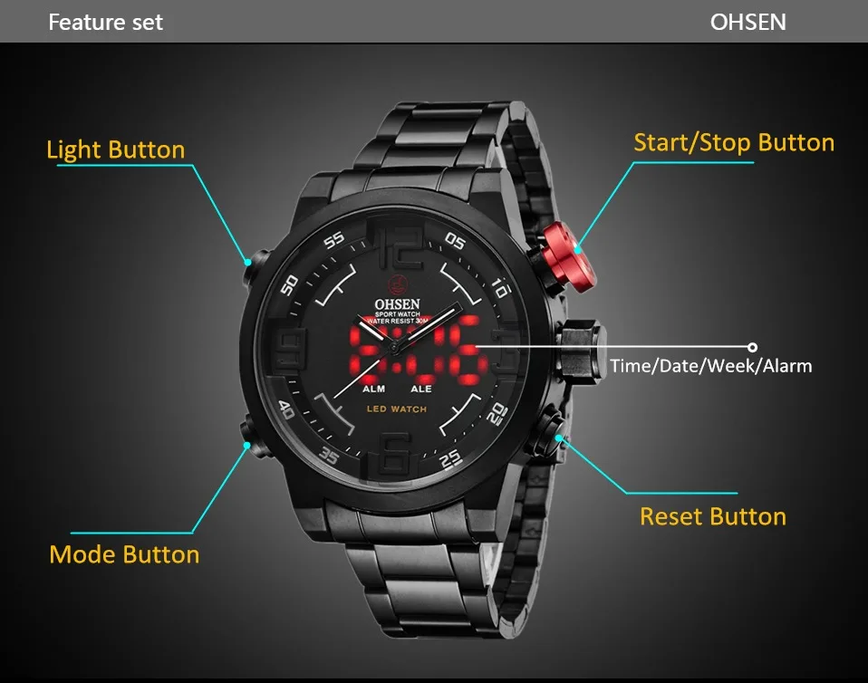 OHSEN Dual time Men Quartz Wristwatches Waterproof Black Military man Watch Fashion Sport Digital LED Clocks relogio masculino