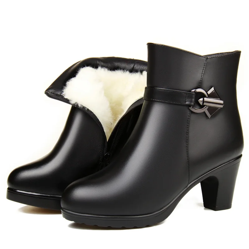 

New Fashion Top Full Cowhide One Fur Wool Snow Boots Warm Shoes Women Boots Black Non-slip High Heels Snow Shoes Winter Boots