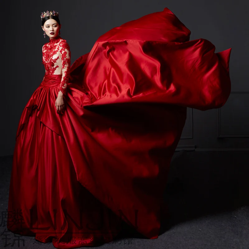 Новые пикантные с высоким воротником и красным шаром vestidos de festa Длинные рукава вечернее платье с кружевной аппликацией элегантное платье, платье на выпускной, платья