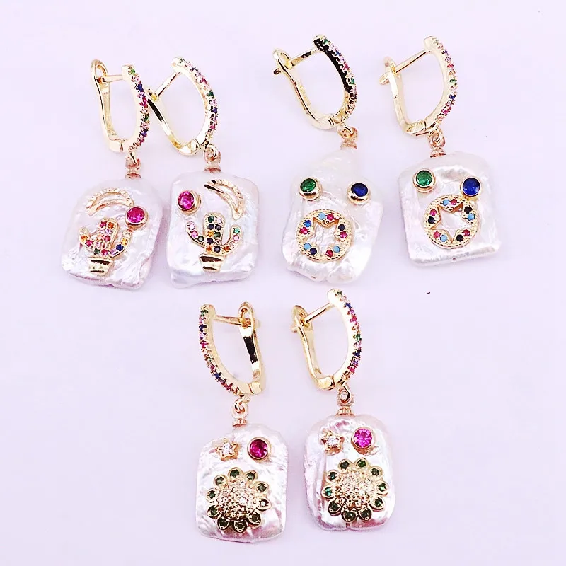 4 paires arc-en-ciel CZ de mode микро паве arc-en-ciel природа perle d'eau douce или charme boucles d'oreilles pour les femmes