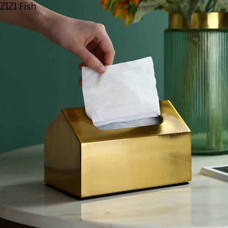 Metal Tissue Box Square Golden Rectangle House Geometry Desktop Storage Organization Modern Home Decoration Accessories 3