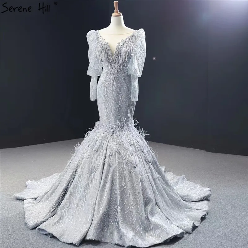 

Dubai Grey Luxury Long Sleeve Prom Dresses V-Neck Feathers Beading Glitter Prom Gowns 2019 Serene Hill HM66952