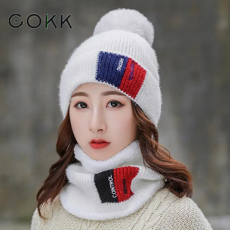 COKK новые зимние шапки шарф комплект из двух предметов Толстая теплая шерстяная вязаная шапка с шарфом Корейская Дамская шапка и шарф