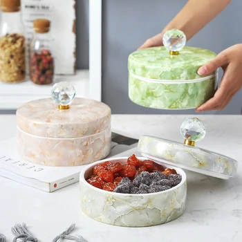 

European Art Luxury Ceramic Marble Pattern Dried Fruit Melon Seed Snack Storage Box Simple Home Round Candy Jewelry Storage Box