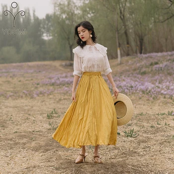 

YOSIMI Women Skirt and Top Set 2 Piece Set Suit Half Sleeve Beige Lace Shirt Blouse and Skirt 2020 2 Piece Outfits for Women
