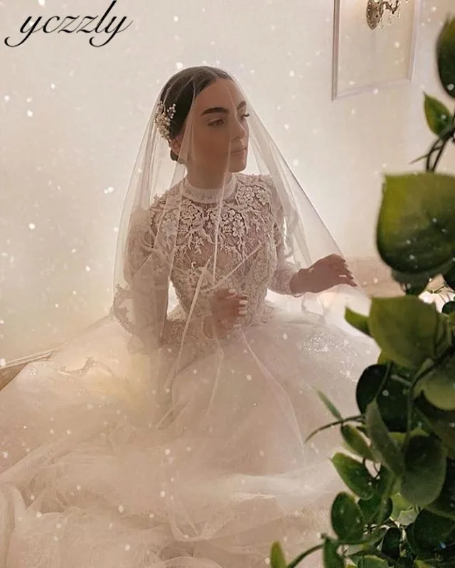 Vestido De Noiva роскошное с высоким воротом платье трапециевидной формы одежда с длинным рукавом свадебное платье мусульманское плюс Размеры аппликации кружевные со стразами Свадебные платья Y02