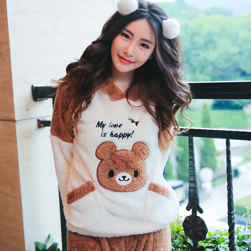 

Winter New Style Cute Hooded Bear WOMEN'S Pajama Suit Comfortable Warm Panda Velvet Color Block Home Wear