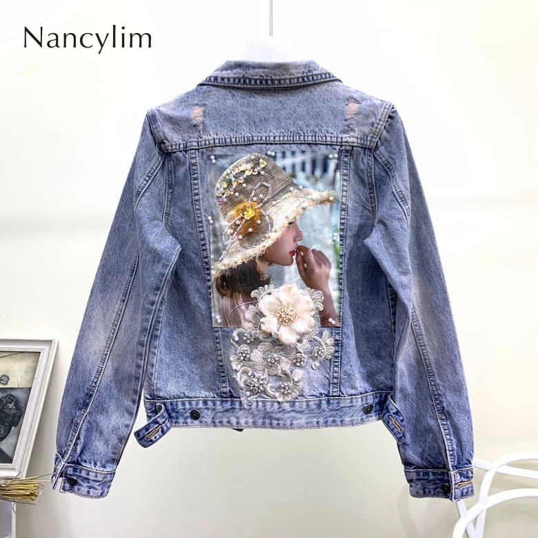 

Spring Autumn New Joker Fashion Denim Jacket Women Bead Embroidered Flower Washed Hole Short Denim Jacket Students Slim Coat