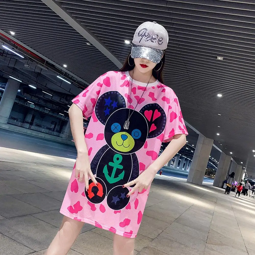 

Women Mesh Quick Drying Loose Patchwork Top Tee Female Bear Print Graphic Plus Size Short Sleeve T Shirt Tumblr Tide Brand Shirt