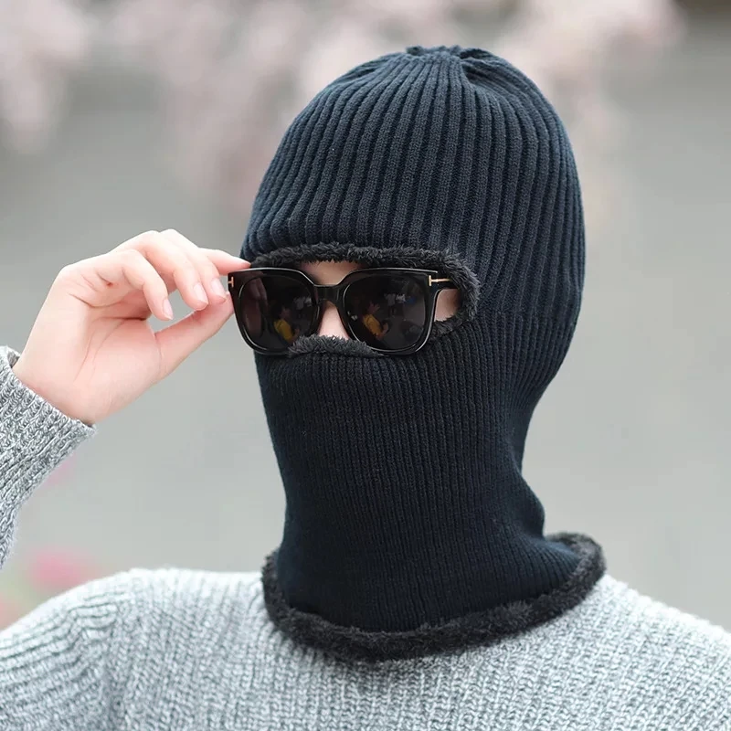 Мужская зимняя шапка, вязаная шапка унисекс, маска, шарф Skullies Beanies, шапки для мужчин и женщин, теплый мягкий мех, шерстяной берет, вязаная шапка, шапки - Цвет: Черный