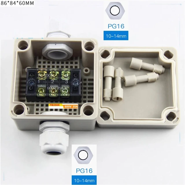 35A 600V 3 Pins Terminal Blocks with Gland Connectors Sealed  Enclosure Case Project Junction Box 86x84x64mm 1in 1 out
