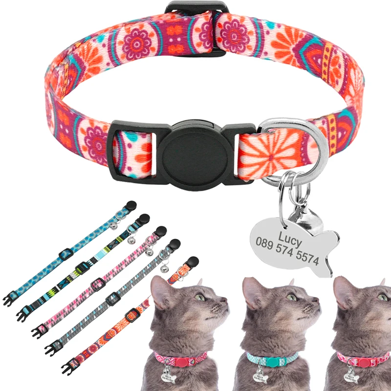 Collar de gato personalizado con estampado, Collar de gatito personalizado de liberación rápida con campana grabada, accesorios para gatos domésticos