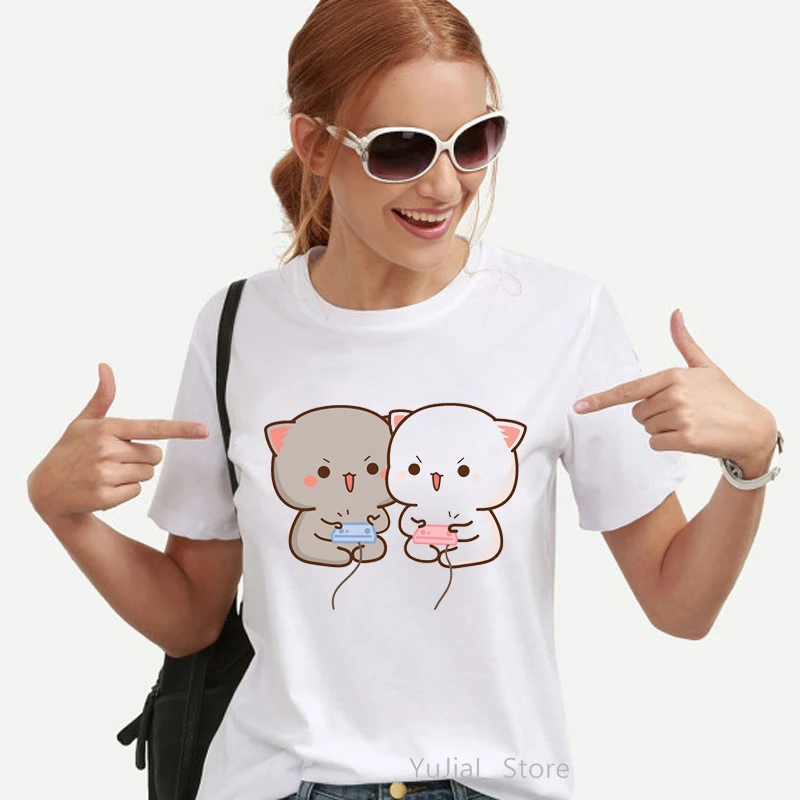 Kawaii Women'S Clothing Peach And Goma Mochi Cat Cartoon Print Tshirt Femme Korean Style Clothes Harajuku T Shirt Tops tee shirts