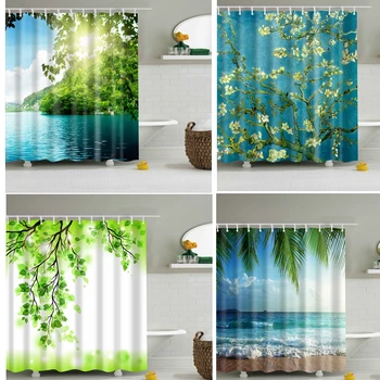 

3D Shower Curtain Beach Forest Waterproof Polyester For Bathroom Curtain Green Plant Shower Curtain 180*200cm With Hooks cortina