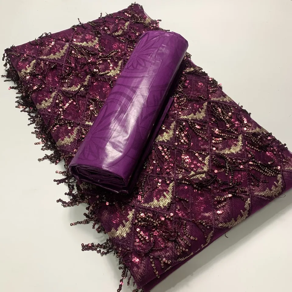 

2.5+2.5 Yards Latest African Lace Fabric High Quality Embroidery 3D Tassel Sequin Nigerian Bazin Fabric 2021 New for Dress