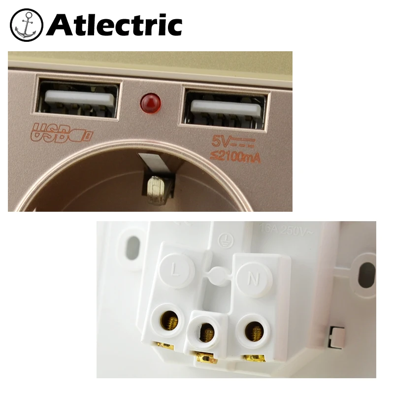 Atlectric золото щеткой розетки питания Заземленный 16A ЕС стандартный электрический выход с 2100mA двойной USB зарядное устройство порт для мобильного телефона,переходник usb,розетка с usb,розетки,socket
