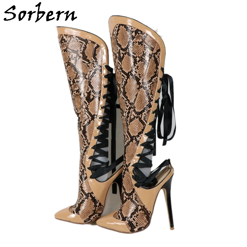 

Sorbern Brown Snake Women Boots Lace Up Back High Heel Pointed Toe Stilettos Custom Calf Width Unisex Fetish Knee High Boots