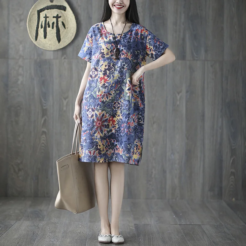 

Photo Shoot 2019-New Style Cotton Linen Printed Loose And Plus-sized Mid-length Short-sleeve Dress