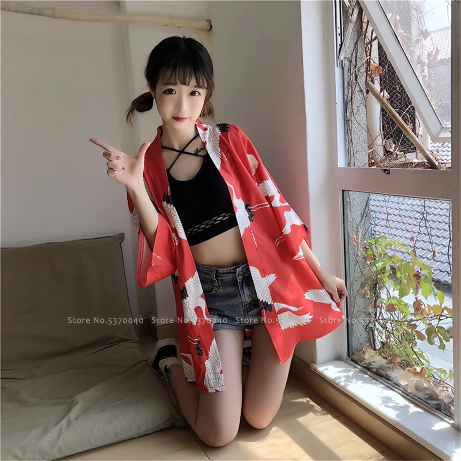 Летняя женская японская мода кардиган уличная кимоно Haori печать кран халаты Китайская традиционная юката пальто азиатская одежда