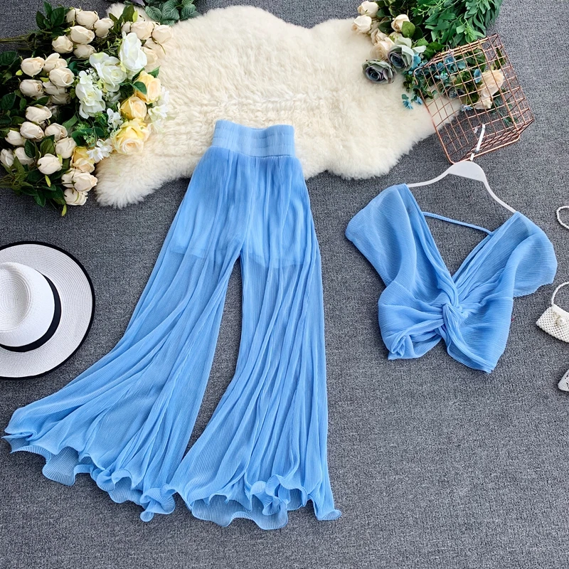 

MUMUZI Fashion suit pleated slimming fishtail flared pants V-neck short knot knotted shirt two-pieces set women