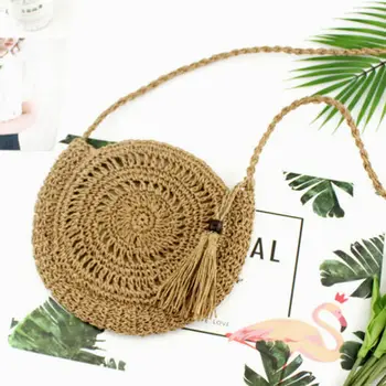 

Fashion Women Retro Straw Bag Rattan Woven Round Handbag Vintage Knitted Messenger Purse