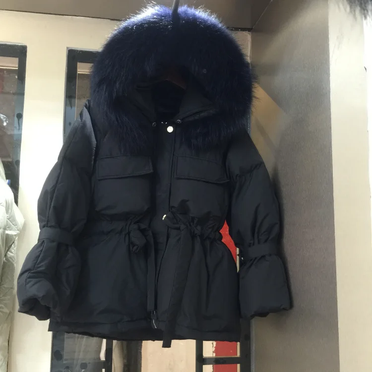 Короткий пуховик из Южной Кореи Dongdaemun, Женский плотный приталенный пуховик на белом утином пуху, пальто с большим меховым воротником, новинка зимы