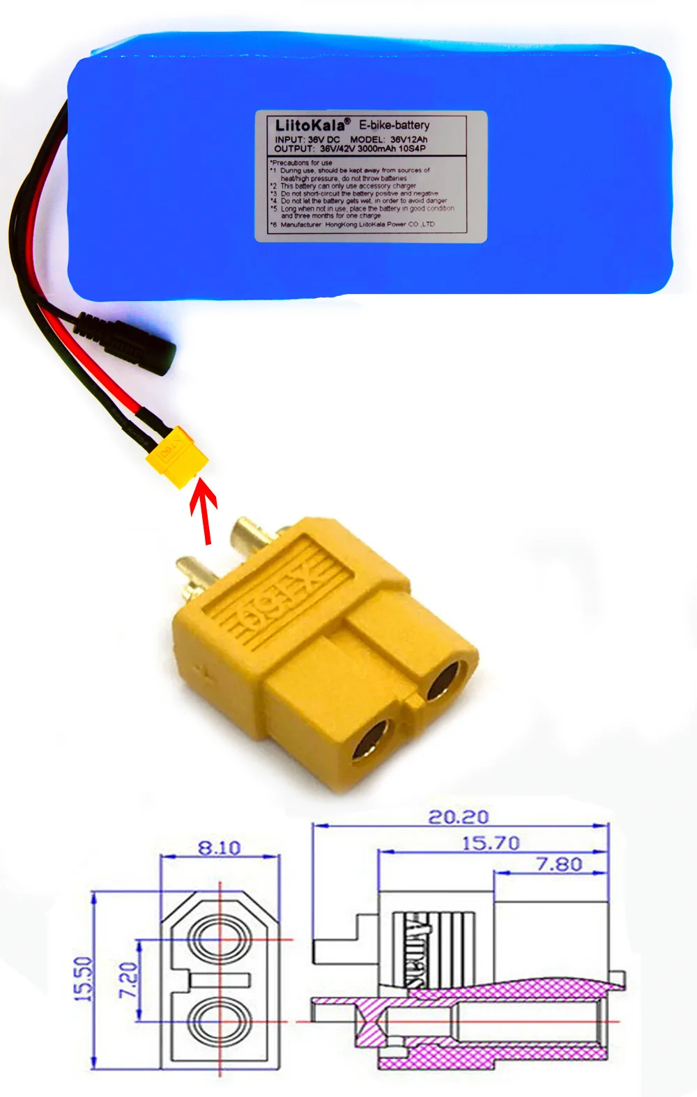 20A 36 Volt com 2A Carga Ebike bateria XT60 Pllug