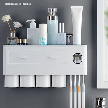 

Home Hotel Drawers Automatic Toothpaste Dispenser For Bathroom Toothbrush Holder Washroom Shelf Multifunctional Wall Mounted