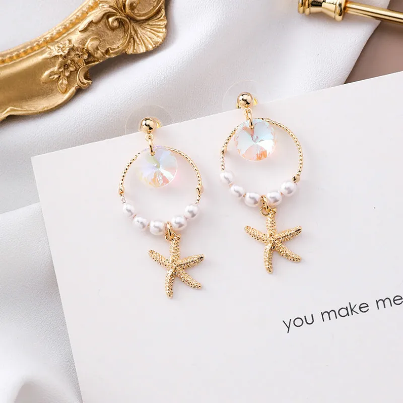 2019-Korean-Ocean-Wind-Sweet-Girl-Heart-Dazzling-Colorful-Crystal-Pearl-Ring-Starfish-Earrings-Geometric-Ring
