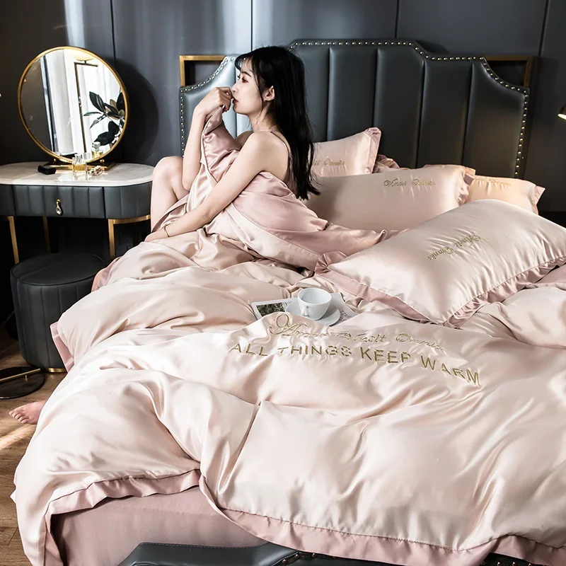 

Net Red Ice Silk 4-piece Bed Clothes Silk Slippery Sleeping in Spring and Autumn and Summer Double-sided Washing Silk Bed Sheet