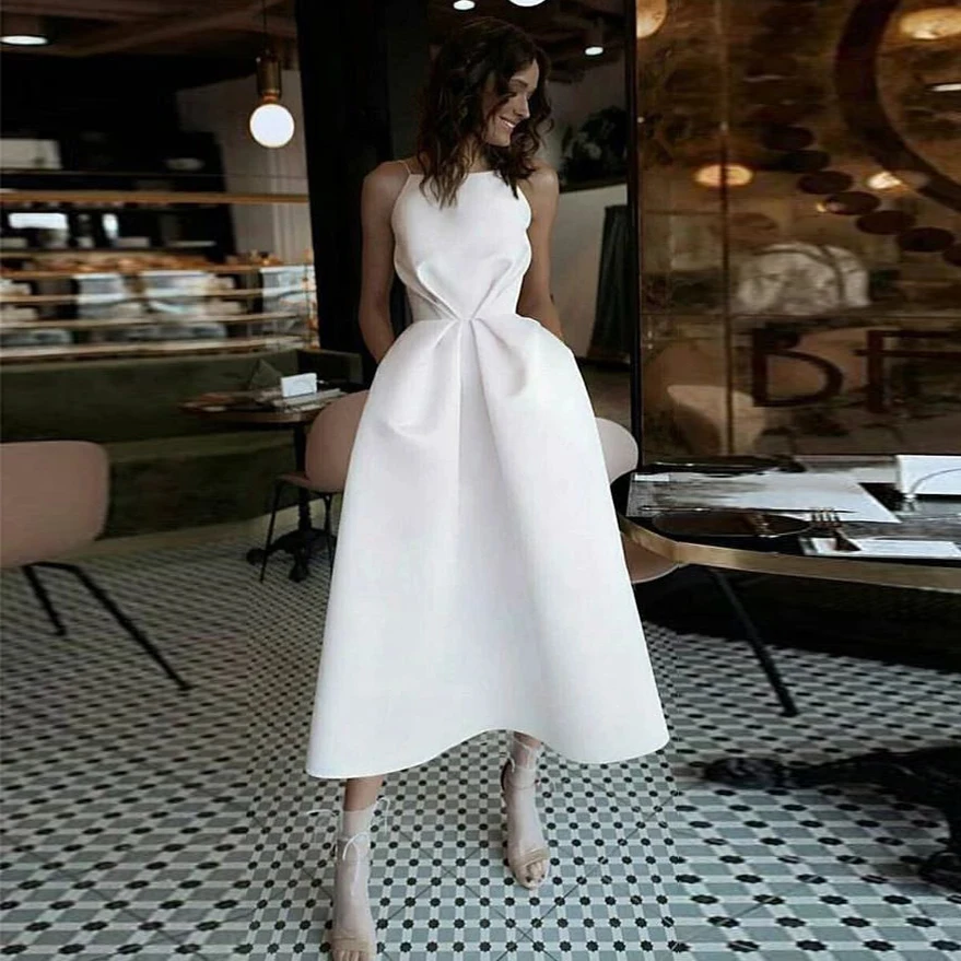 

Spaghetti Straps White Prom Gown Formal Dresses with Pockets Tea-Length Backless Evening Party Dress Robe de soiree Custom Cheap