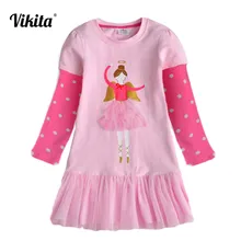 Cheap VIKITA Girls Dresses Autumn Children Cotton Casual Dress Toddlers Long Sleeve Cartoon Vestidos Kids Princess Dress For Girl