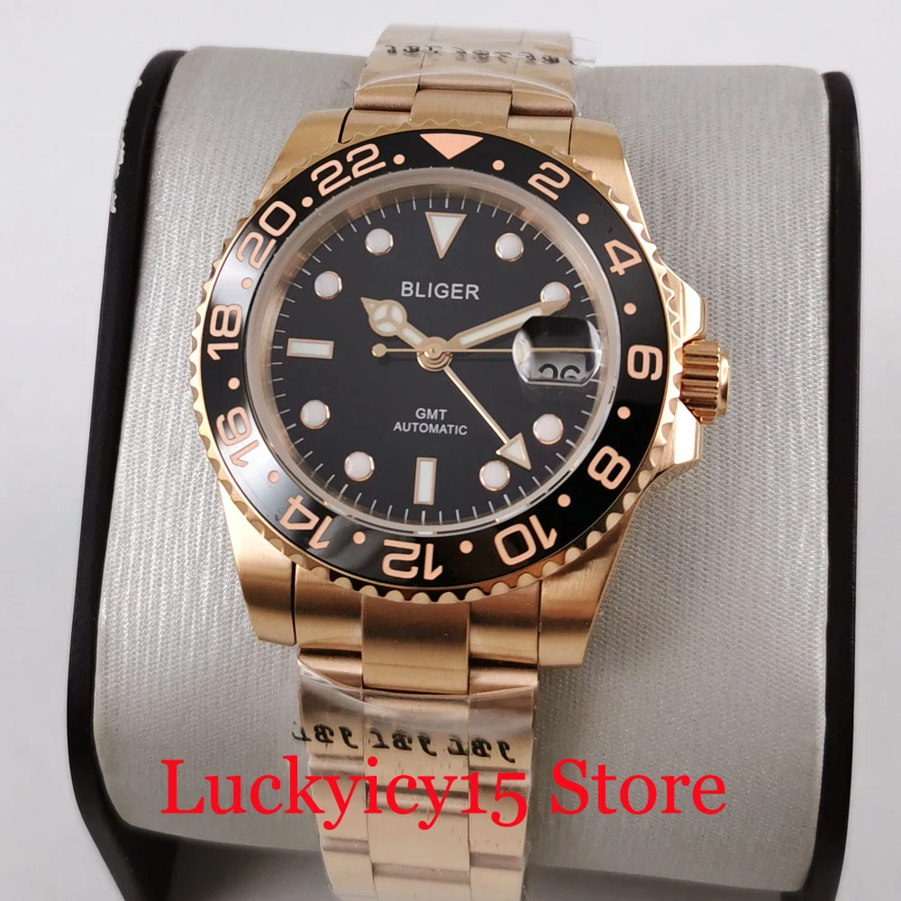 

BLIGER Rose Gold Men Watch Sapphire Glass 40mm Deployment Clasp Self Winding Movement GMT Hand