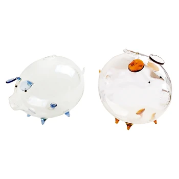 

2x Pig Piggy Bank Money Boxes Coin Saving Box Cute Transparent Glass Souvenir Birthday Gift Blue & Brown
