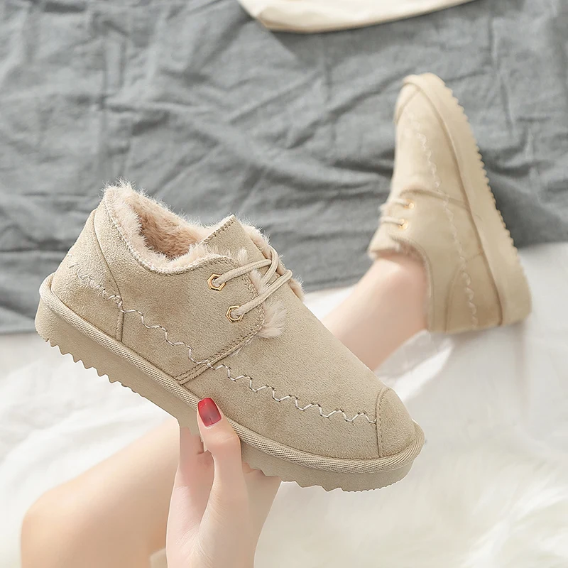 Women Winter Flat Warm Ankle Boots Women's Suede Sewing Snow Boots Ladies Platform Short Furry Plush Female Mother Shoes