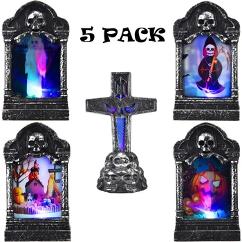 

Promotion! 5 Pieces LED Graveyard Tombstones Halloween Headstone Light 7 Colors Skull Graveyard Lamp Decorations for Halloween