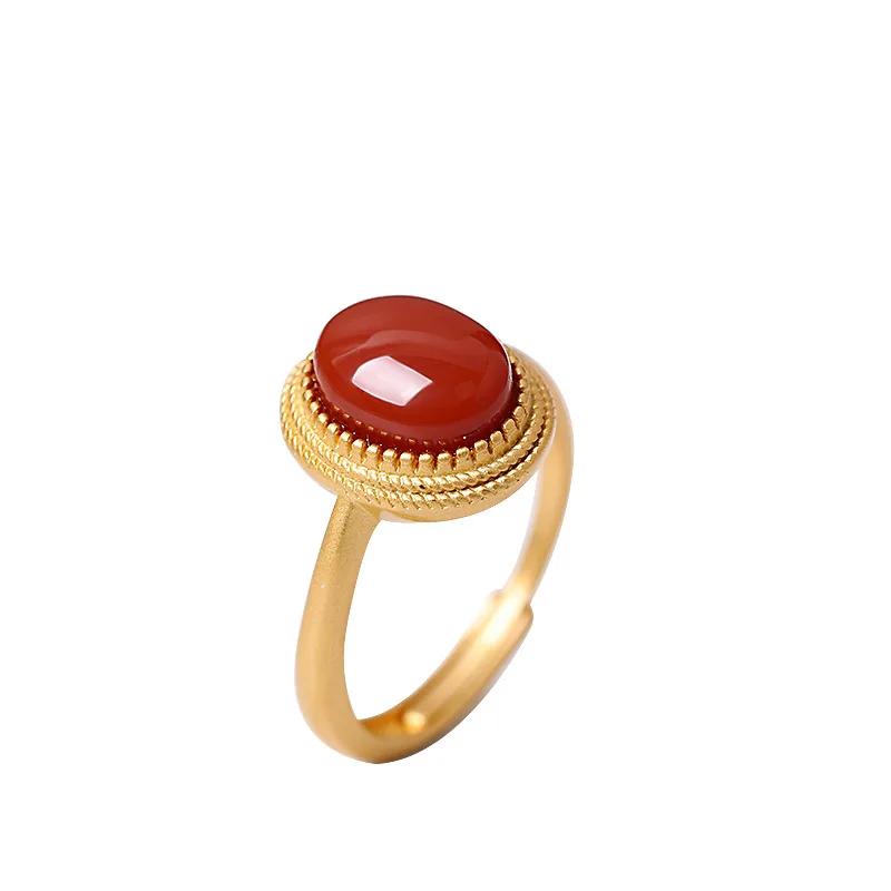 

The New S925 Sterling Silver Gold-Plated Inlaid Southern Red Agate Egg Face Ring Face Fashion Simple Women's Ring