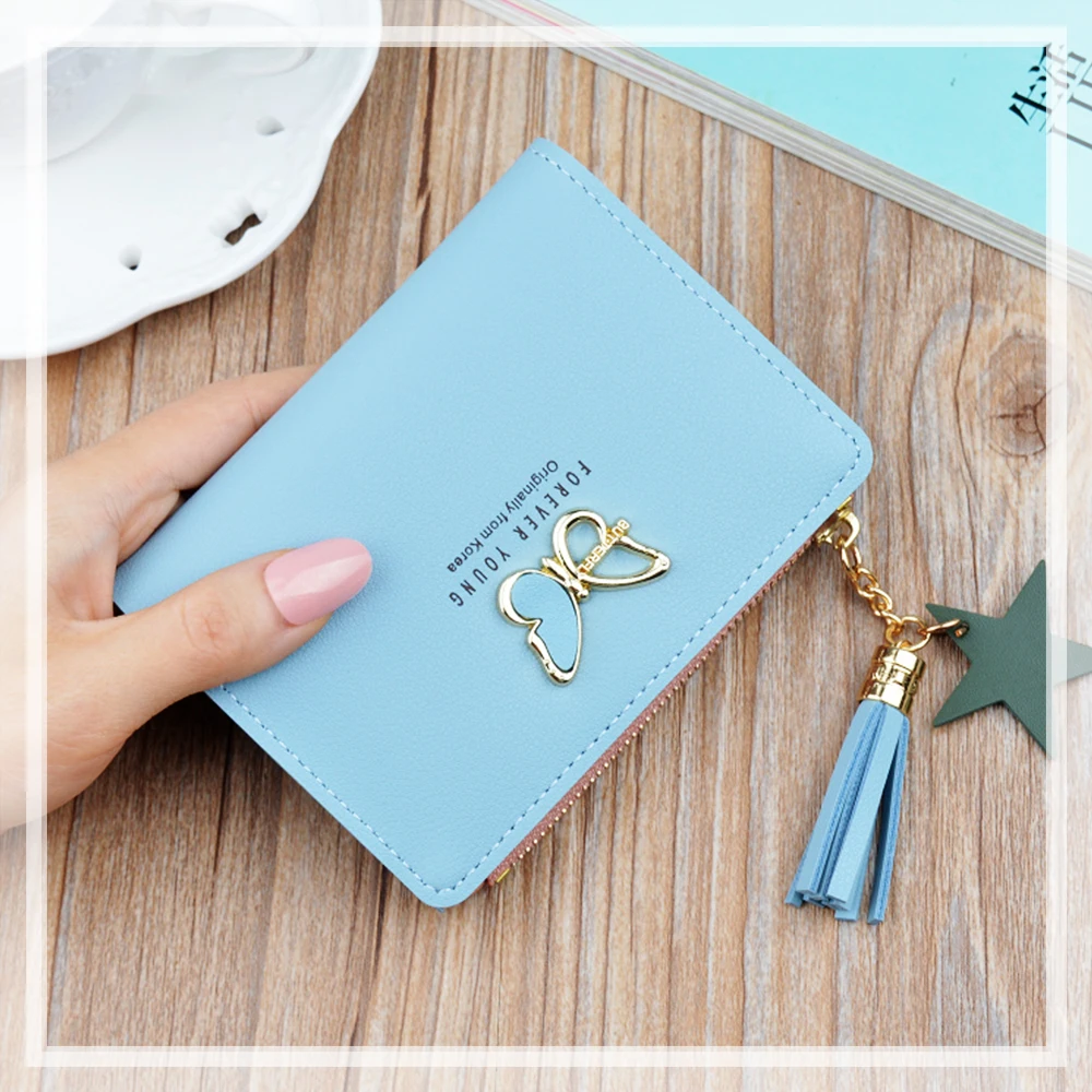 Light Blue Мини-модный кошелек для женщин с золотой бабочкой Декор из сплава боковой карман на молнии для монет RFID Визитница ID Окно компактный зеленый - Цвет: Light Blue