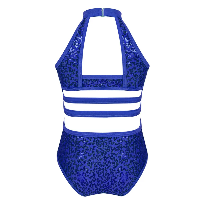 Kids Girls Gymnastics Leotards Child Sparkly Sequins Dancewear Sleeveless Cutouts Back Strappy On Waist Ballet Dance Jumpsuit Children Dance Leotards Gymnastics Dancewear Sets