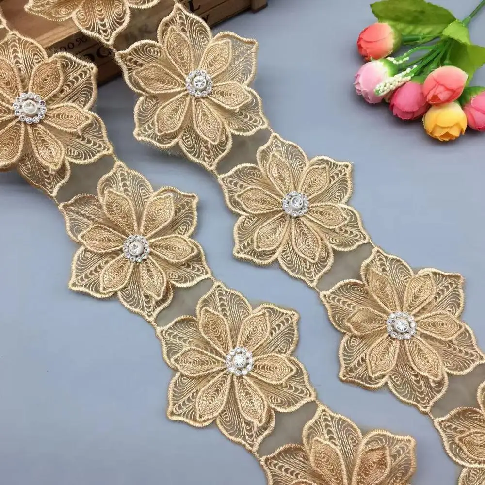2 Yards Gold Pearl Diamond Rhinestones 3d Flower Lace Trim Embroidered