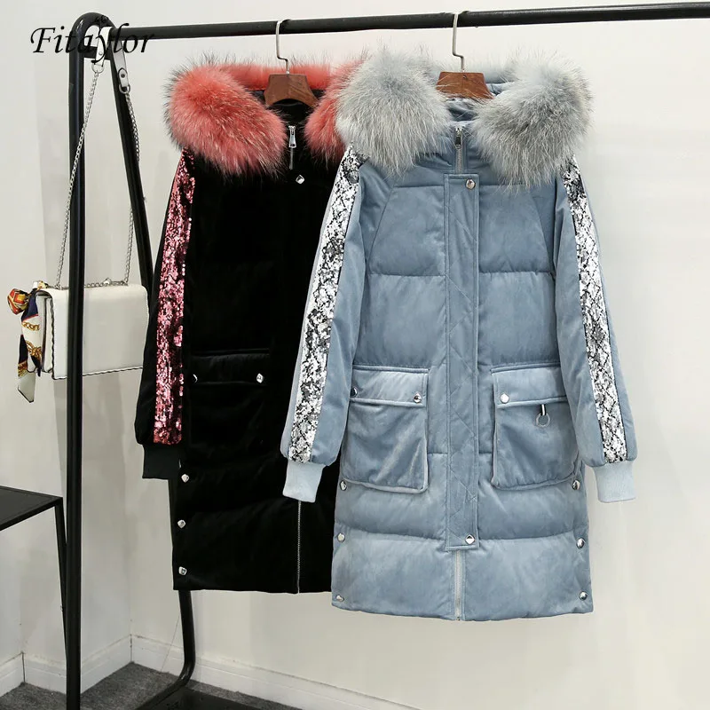 

Fitaylor Fur Collar Hooded Velvet Long Women's Down Jacket Sequins Decorated Casual Ladies Winter Coat Female Thick Warm Outwear