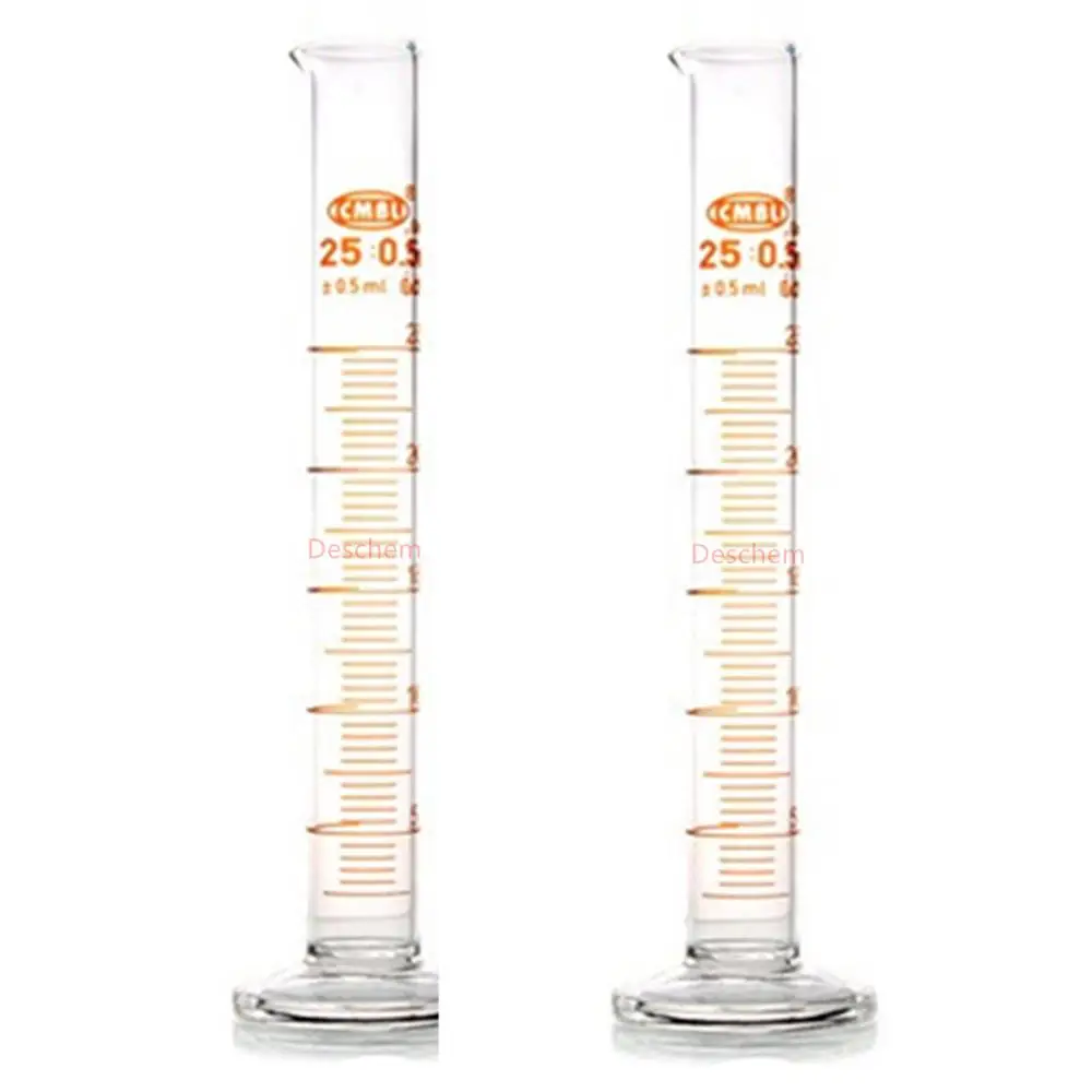 2Pcs 25ml Glass Measuring Cylinder Graduated & Spout Mouth Lab Glassware