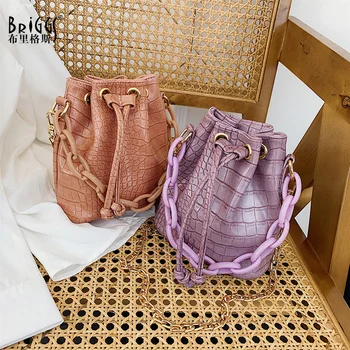 

Mini Bucket PU Leather Crossbody Bag For Women 2020 Summer Solid Color Shoulder Handbags Acrylic Chains Female Cross Body Bag